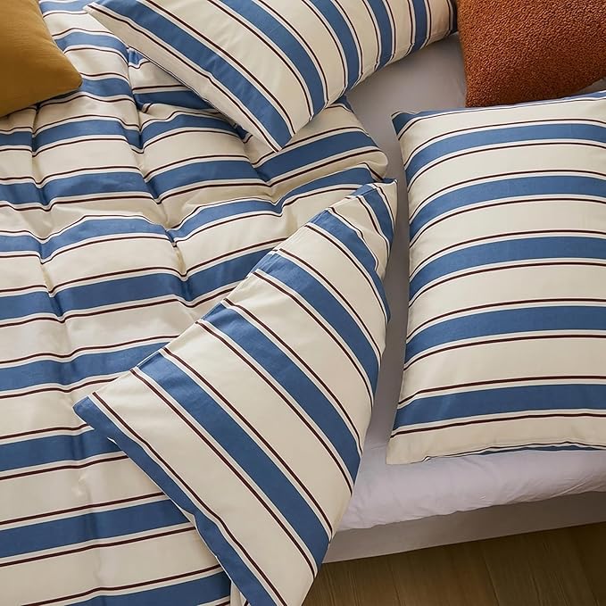 Merryword 100% Cotton Duvet Cover Set Queen Size - Blue & White Cabana Striped Bedding Set with Zipper & Corner Ties, 3-Piece Luxury & Silky Soft Bedding Set for All Seasons