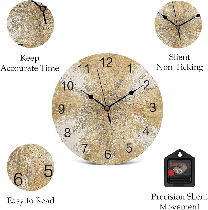 Yellow Round Wall Clocks 12 Inch Abstract Yellow Sunburst Vignette Splatter Style Industrial Silent Non-Ticking Battery Operated PVC Clock for Wall Home Decor Kitchen Living Room Bedroom Office