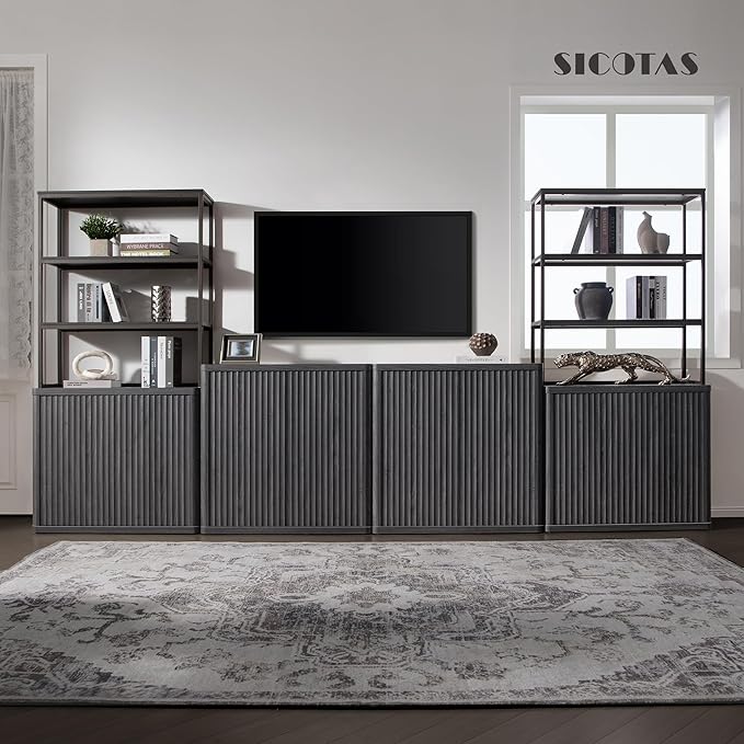 SICOTAS Book Shelf Fluted Bookshelf 71" Tall Bookcase with Doors Storage 5 Tier Mid Century Modern Bookshelves Large Shelves Metal Book Cases for Living Room Office Bedroom Kitchen Library