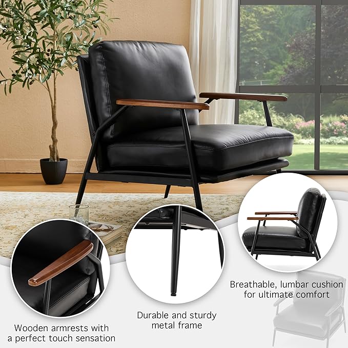 Glitzhome Modern Accent Chairs Set of 2, Metal Framed Living Room Chairs with Upholstered Cushion, Comfy Sofa Chair for Bedroom Reception Area Study Room, Black- 2 Set