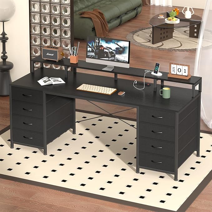 YOMILUVE 60 Inch Computer Desk with 8 Drawers, Gaming Desk with LED Lights & Power Outlets, Home Office Desk with Monitor Stand, Black