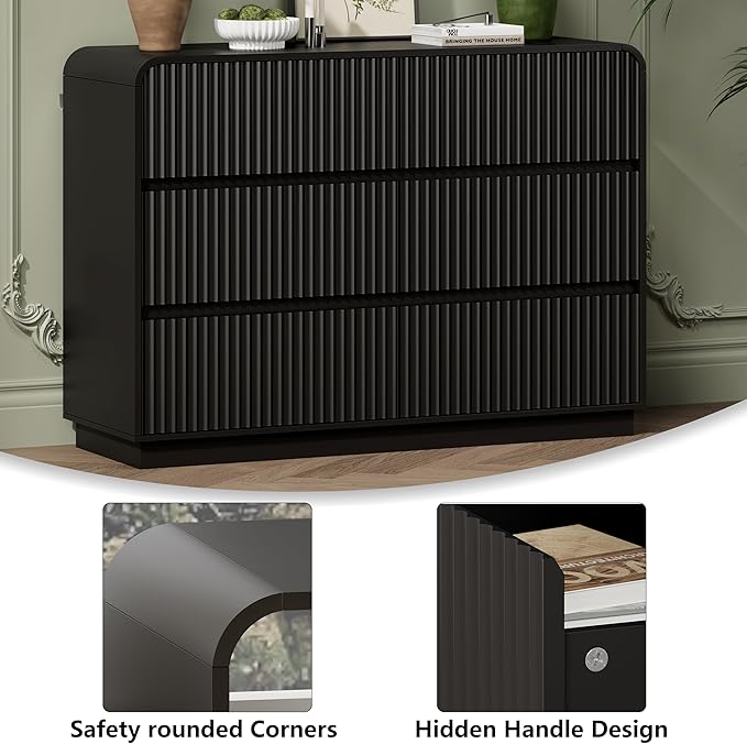 Black Dresser Fluted 6 Drawers Dresser for Bedroom, 47" Wide Wood Chest of Drawers with Hidden Handles & Rounded Corners, Modern TV Stand Storage Cabinet for Living Room, Hallway, Entryway