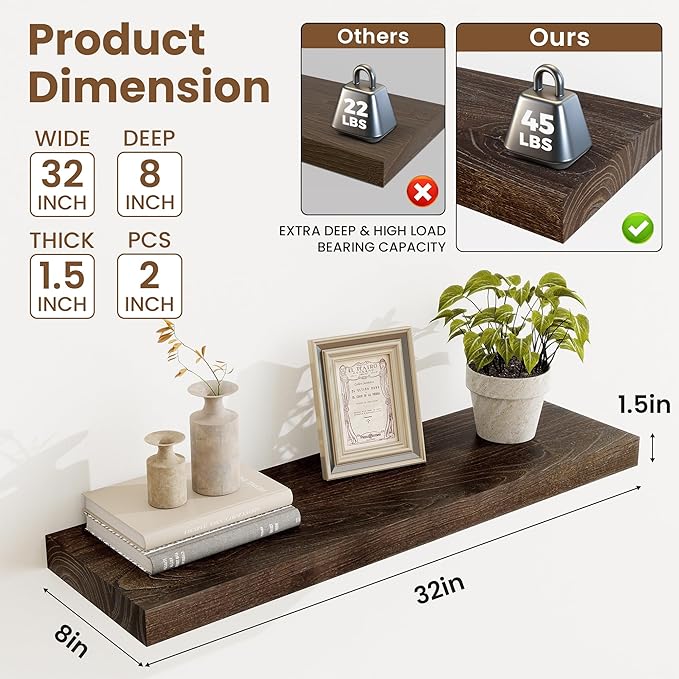 Extra Deep 32" Long Rustic Solid Wood Floating Shelves for Wall, Wall Shelves with Invisible Bracket for Living Room Bathroom Bedroom Kitchen, Set of 2, Walnut