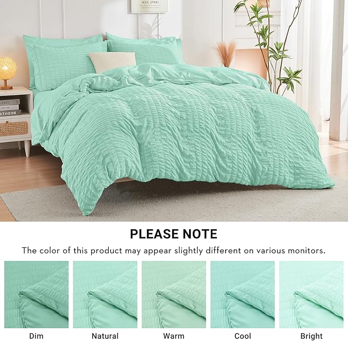 HYMOKEGE Mint Green California King Comforter Set Seersucker 7 Pieces, All Season Luxury Bed in a Bag for Bedroom, Bedding Set with Comforter, Sheets, Pillowcases & Shams
