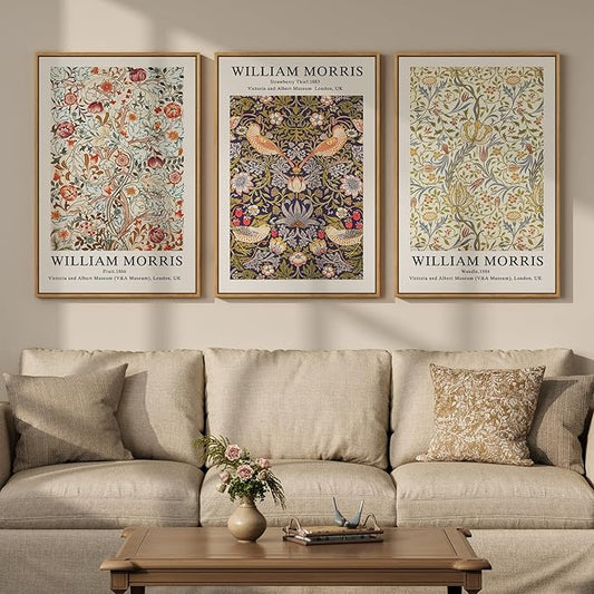 Large Framed William Morris Wall Art Set of 3, Vintage Strawberry Thief Canvas Artwork for Walls, Rustic Botanical Floral Art Prints for Living Room, Bedroom, Dining Room, Hallway, Office Wall Decor, Total Size 30x60 In