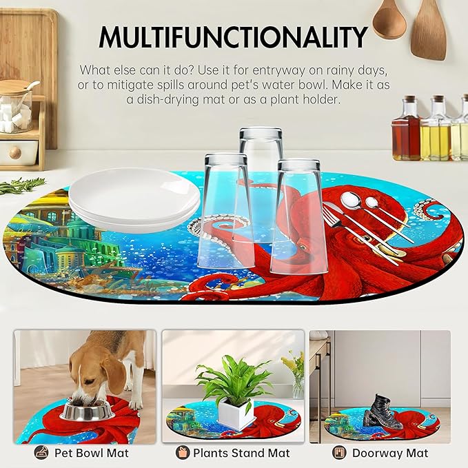 Bathroom Rug Mat Cartoon Underwater Octopus Kingdom Oval Bath Mat Doormat Absorbent Quick Dry Non Slip Diatom Mud Mat for Shower Tub Sink Laundry Kitchen Doorway 23.6x15.7 Inches