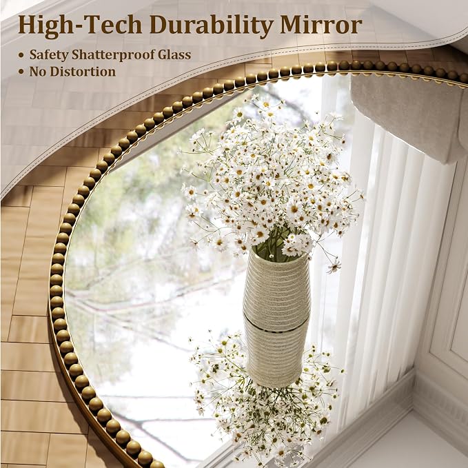 28 Inch Round Bathroom Mirror - Luxurious Retro Beaded Circle Decorative Wall Mirror with PU Frame Hanging Leaning as Art Decor for Entryway, Bedroom, Living Room, Hallway, Gold