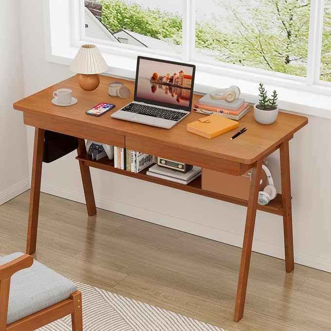 100% Solid Wood Writing Desk - 47.2" Mid Century Modern Desk, Home Office Desks with 2 Drawers and Storage Shelf, Small Computer Desks, Study Makeup Workstation for Bedroom/Living Room, Walnut