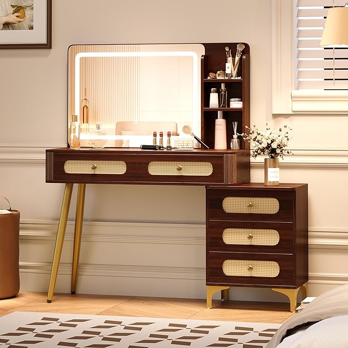 47" Vintage Makeup Vanity Table with Mirror & Lights Dark Walnut Vanity Desk with 3-Color Dimming Light 5 Drawers 3 Open Shelves Mid-Century Modern Vanity with Rattan Decor & Metal Legs