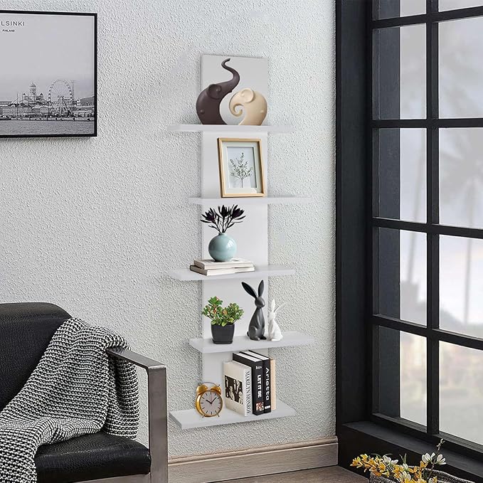 VIWODS 5 Tier Wall Shelf Unit-White Floating Shelves for Home Decor, Modern Unique Asymmetric Design for Bedroom & Living Room Storage