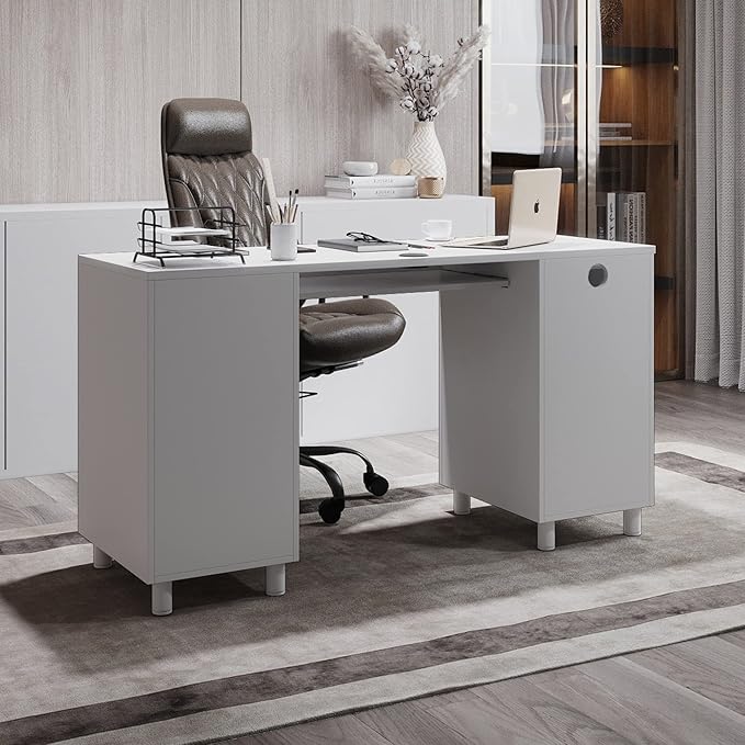 Modern Design Venice Computer Office Desk with 3 Locking Drawers and Storage Cabinet, 53 Inch Home and Office Executive White Desk with Keyboard Tray by Crafts and Comfort