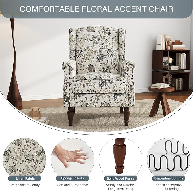 High Back Floral Accent Chairs Set of 2, Fabric Upholstered Armchair for Living Room, Retro Printed Wingback Arm Chair Nailhead Trim Single Sofa Bedroom Reading Seat - Beige Plants