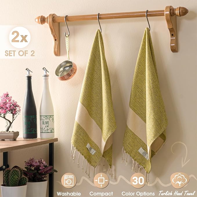 Hand Towels - Set of 2 | 18" x 30" - Decorative Turkish Hand Towel for Bathroom, Kitchen, Guest, Face, Hair, Tea, Dishcloth (Diamond, Yellow)