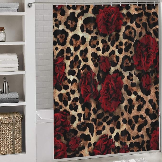Leopard Rose Flower Shower Curtain Brown Wild Animal Skin Print Cute Red Rose Floral Valentine's Day Creative Modern Art Waterproof Shower Curtains for Bathroom Decor 12 Pack Hooks 66x72in（168x183cm）