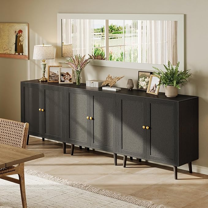 Huuger Buffet Cabinet with Storage, Storage Cabinet with PE Rattan Decor Doors, Accent Sideboard Buffet with Solid Wood Feet, for Hallway, Entry, Living Room, All Black