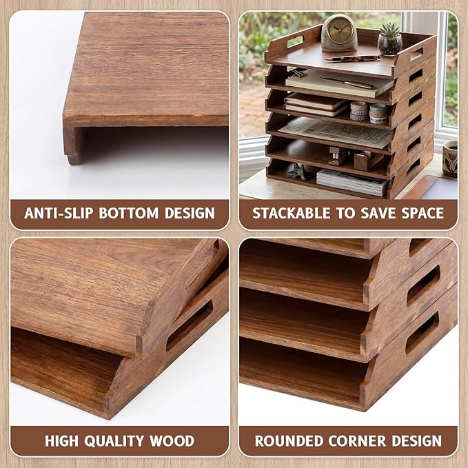 AceOrbit 6 Pcs Stackable Paper Tray Acacia Wood Desk Organizer Letter Tray 6 Tier Wooden File Organizer Desk Shelf for Documents, Letter Sorter, Envelopes and Magazine Holder