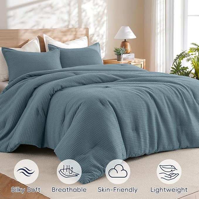 PHF Soft Waffle Comforter Set Queen Size- Comfy Breathable Waffle Weave Comforter with 2 Pillow Shams, 3 Pieces Less Snagging Lightweight Textured Bedding Set for All Season, Stormy Blue