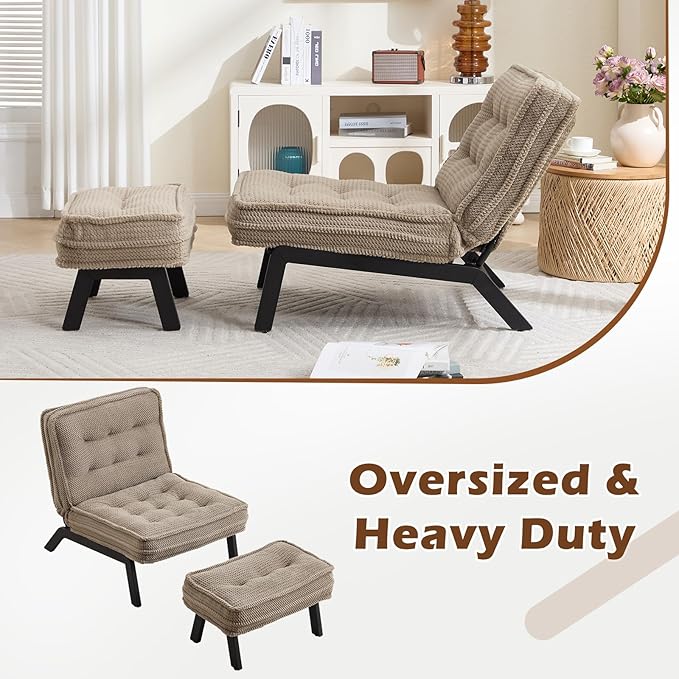 ANJ Accent Chair with Ottoman Adjustable Backrest, Khaki Living Room Chair Tufted Upholstered Lounge Chair with Footrest Set, Modern Chair Cozy Reclining Chair for Reading Room Bedroom