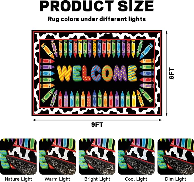 Welcome Crayon Area Rug 6'x9' Colorful Alphabet Rugs for Bedroom Living Room Nursery Playroom Classroom Home Decor Non-Slip Washable Carpet Kids Floor Mat