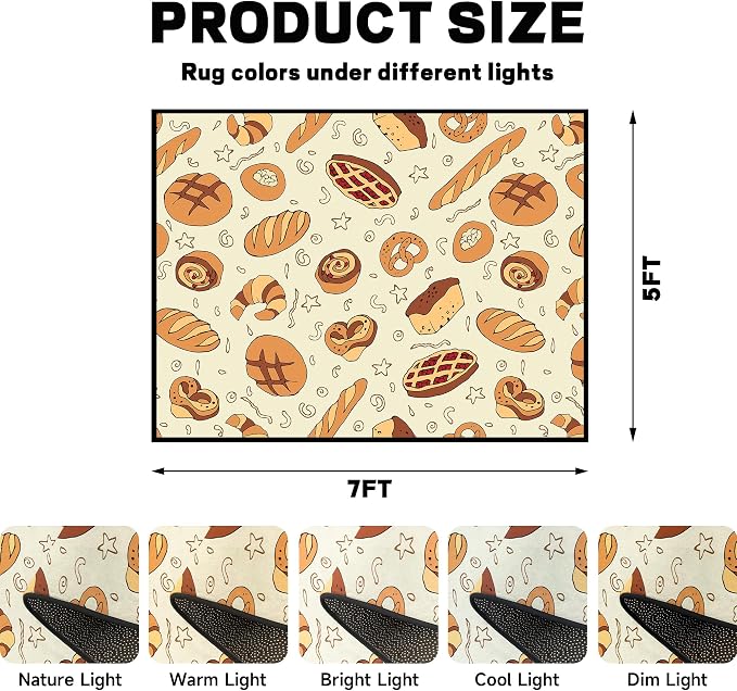 Cute Bread Area Rug 3D Cattoon Carpt Waffle Croissant and Muffin Rugs for Bedroom Living Room Kitchen Nursery Playroom Home Decor Washable Non Slip Floor Mat,5'x7'