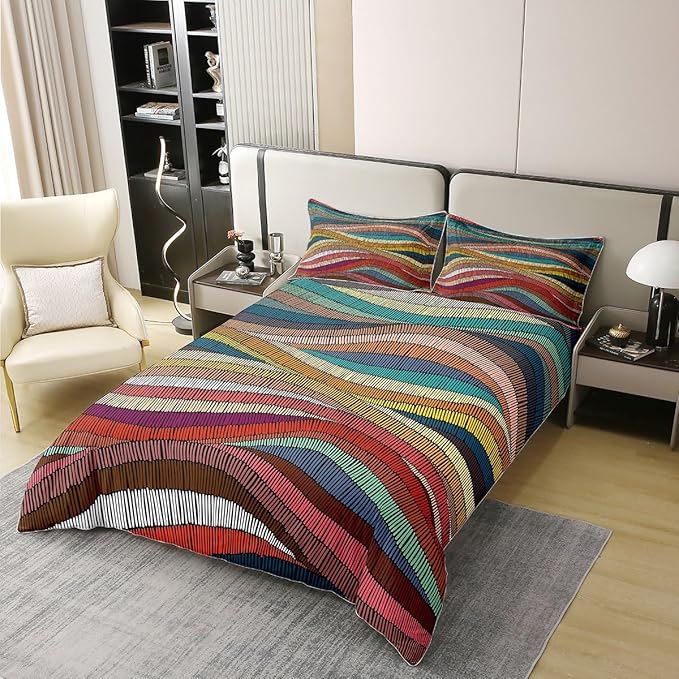 100% Organic Cotton Boho Duvet Cover Queen Bohemian Wavy Bedding Set Rainbow Embroidered Waves Comforter Cover Geometric Tribal Ethnic Bedroom Decor Colorful Abstract Quilt Cover For Adult