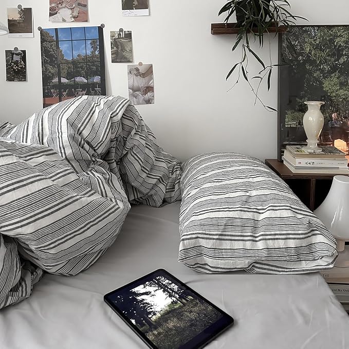 mixinni Vintage Gray & White Striped Duvet Cover Set - 3 Piece 100% Washed Cotton Full Size Bedding | Minimalist Gender-Neutral Design | Ultra-Soft Breathable, with Zipper Closure & Corner Ties
