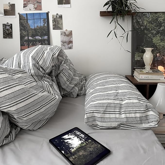 mixinni Vintage Gray & White Striped Duvet Cover Set - 3 Piece 100% Washed Cotton Queen Size Bedding | Minimalist Gender-Neutral Design | Ultra-Soft Breathable, with Zipper Closure & Corner Ties