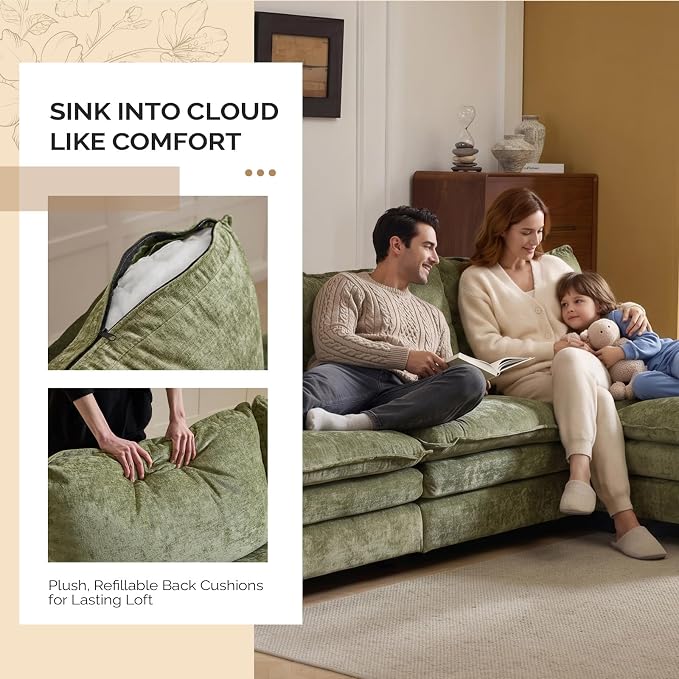 VINGLI 122" Cloud Double-Layer Deep Convertible Sectional Sofa, Comfy L-Shape 3-Seat Couches for Living Room, Modern Couch with Movable Ottoman for Small Space, Olive Green, Chenille