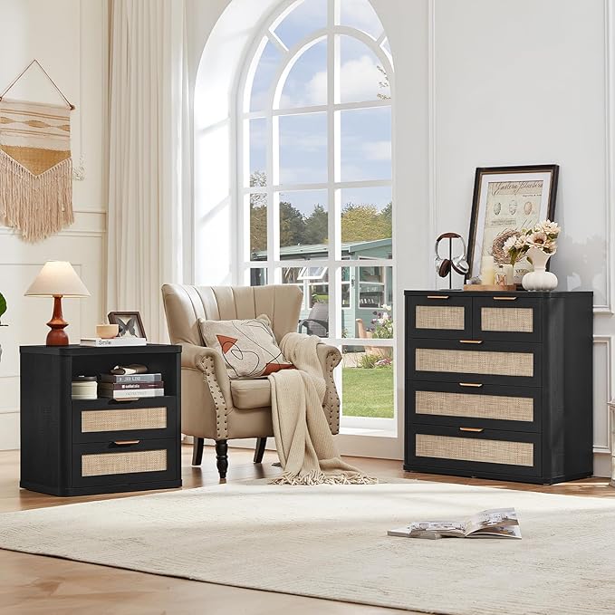 LEYAOYAO Rattan Dresser for Bedroom, 33.5" Tall Chest of Drawers, Modern 5 Drawers Boho Dressers with Storage, Light Oak Dresser Wooden Closet Organizer for Living Room, Hallway, Black