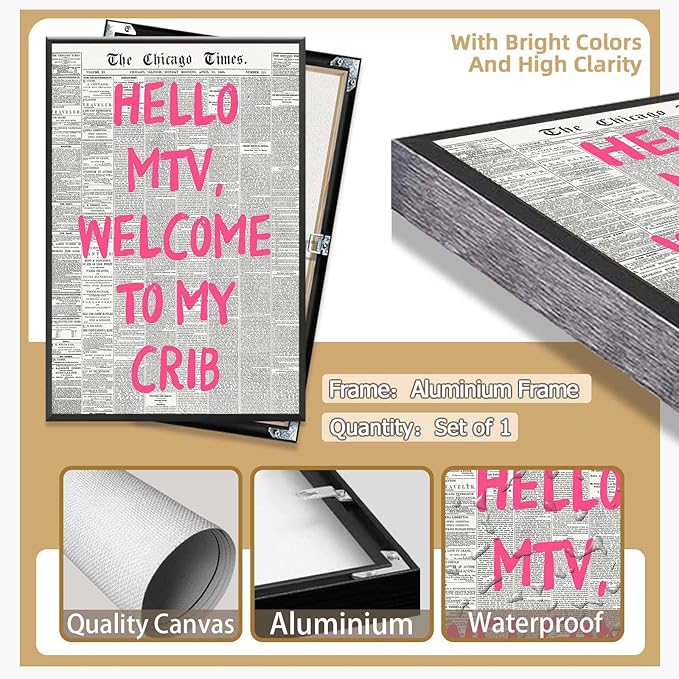 Retro Hello Mtv Welcome To My Crib Posters Pink Font Newspaper Canvas Wall Art Positive Affirming 70'S Room Aesthetic Prints Painting For Home Bedroom Dorm Wall Decor 8x12in Framed