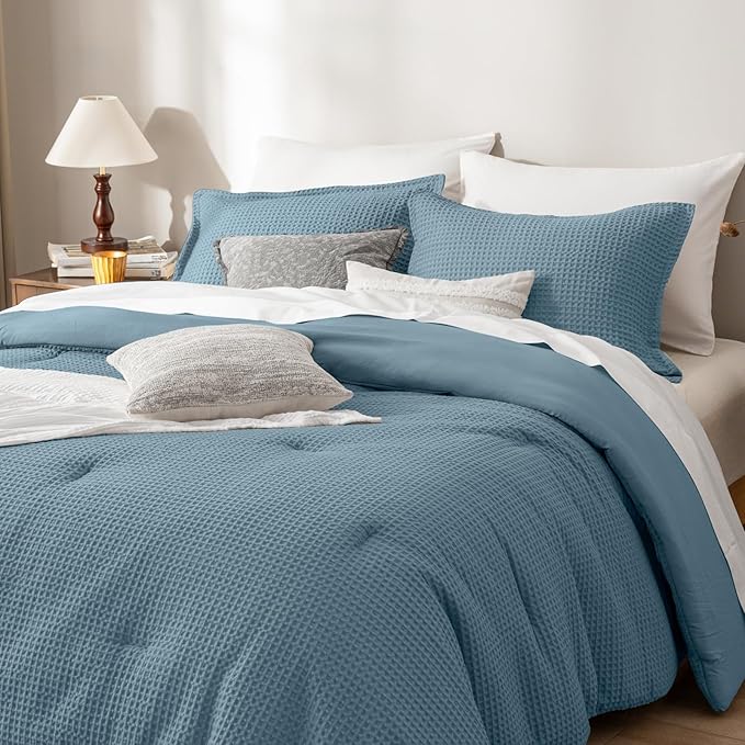 PHF Ultra Soft Waffle Weave Comforter Set King Size, 3 Pieces Lightweight Breathable Comfy Bedding Set, Comfy Textured 1 Comforter with 2 Pillow Shams, Stormy Blue