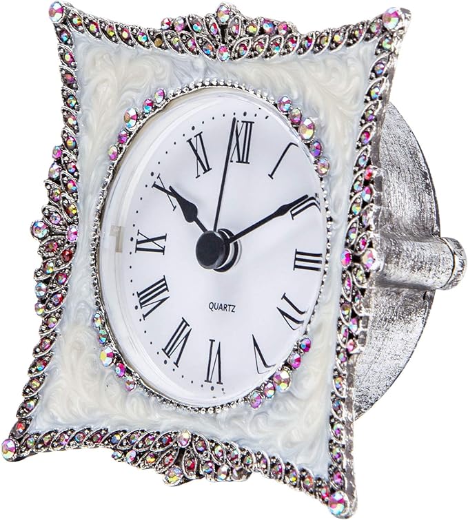NIKKY HOME Crystal Elegant Small Quartz Analog Table Clock with Rosy Rhinestone Non-Alarm Desk Clock 3.5 by 1.5 by 3.5 Inches, White and Pink