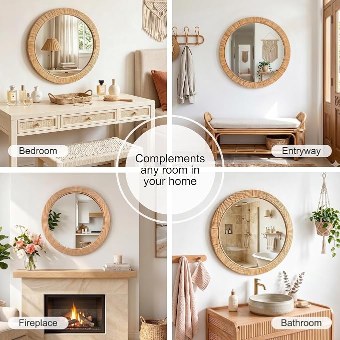 28"x28" inch Large Round Rattan Mirror for Wall, Boho Decorative Wicker Mirror Waterproof Synthetic Rattan Frame, for Bathroom, Bedroom, Living Room, Entryway