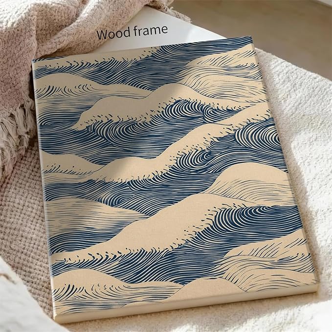 Japanese Blue Wave Canvas Poster Modern Abstract Geometric Wall Art 16X24 inch Framed Vintage Mid-Century Wabi Sabi Prints for Minimalist Living Room Dorm Wall Decor