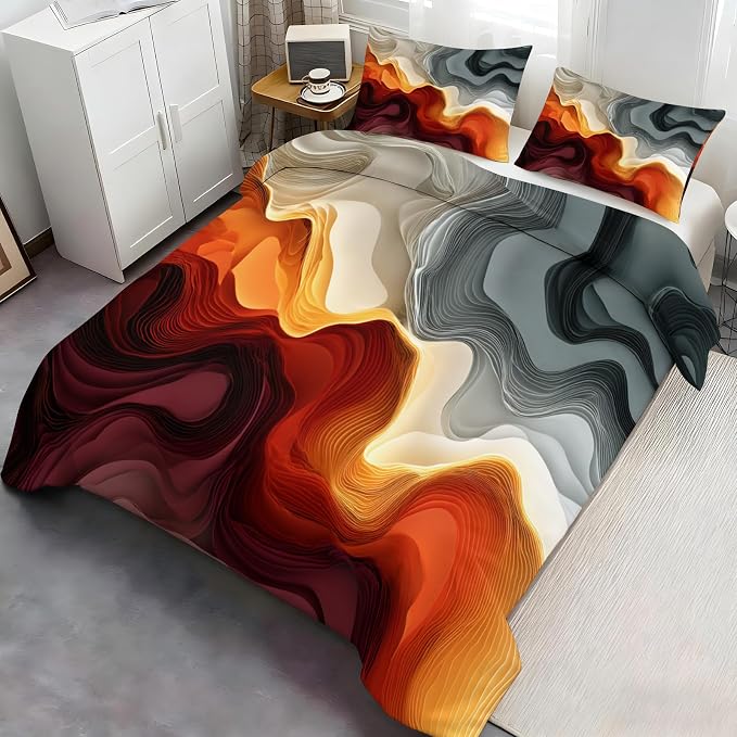 Modern Abstract Duvet Cover Twin Size, Orange Abstract Line Art Bedding Set 3 Piece, Colorful Patterned Comforter Cover with Zipper Soft Microfiber, 2 Pillowcases