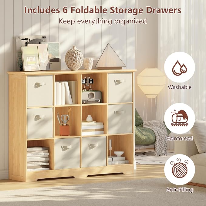 VORONOI 12 Cube Storage Organizer with 6 Fabric Drawers and Removable Shelves — Modular Cube Bookshelf for Bedroom, Living Room, or Home Office, Short Cube Bookcase for Toys, Decor,Natural Wood