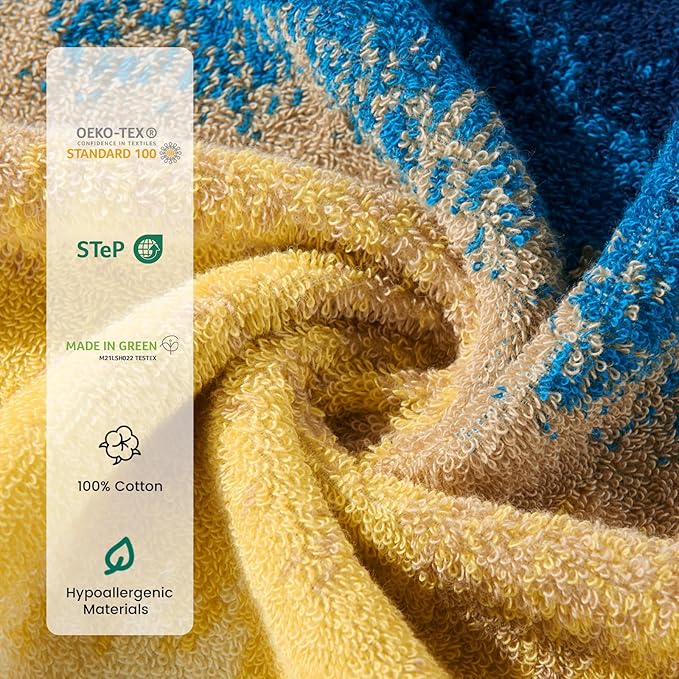 SEMAXE Colorful Bath Towel Set, 100% Cotton Bathroom Towels with Hanging Loops, Soft & Absorbent, 8 Piece Towel Set Include 2 Bath Towels, 2 Hand Towels, 4 Washcloths, Yellow | Brown | Blue