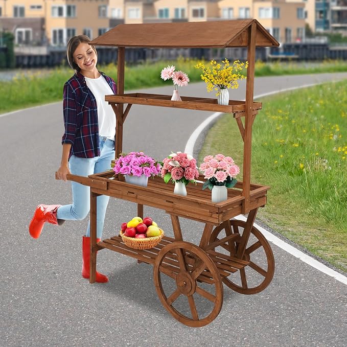 3-Tier Retro Flower Display Cart, Rolling Plant Stand Cart 55lbs Capacity, Wooden Tiered Shelf with Wheels for Indoor Plants, Flowers, Home Decor (Brown)