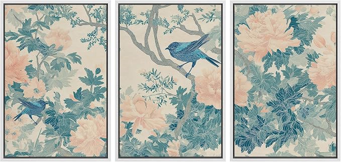 wall26 Framed Print Wall Art Set Elegant Blue Bird and Peony Floral Pattern Decorative Minimal Relax/Zen for Living Room, Bedroom, Office - 16"x24"x3 WHITE