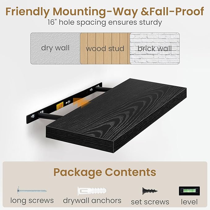 Fun Memories 55 Inch Floating Shelves in Black, 9.3 Inch Deep Floating Shelf for Bathroom Living Room Kitchen, Rusitc Wall Mounted Bathroom Shelves 1 Pack, Heavy-Duty Deep Shelf for Books Decor