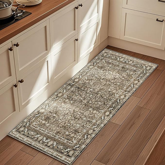 OPPODREAM Vintage Brown 2x6 Runner Rug, 2 x 6 Retro Washable Rug Non Slip, Low-Pile Faux Wool Carpet, Distressed Floor Mat for Kitchen, Hallway, Entry-Way, Entrance, Indoor Back Door