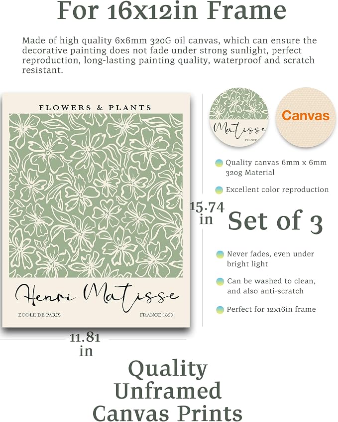 HesenDot Matisse Sage Green Wall Art Set of 3,William Morris Wall Art Decor,12x16IN Truly Quality Canvas Wall Art Pictures,Yayoi Kusama Print, Unframed Fabric wall art,Art poster decoration for