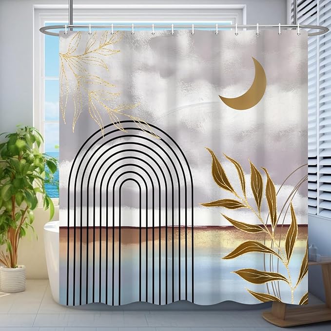 Boho Shower Curtain Abstract Modern Geometric Leaves Shower Curtain Mid Century Minimalist Moon Pattern Decor Bath Curtain Waterproof Fabric with Hooks 72x78