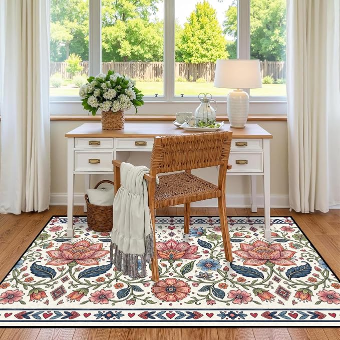 2'x3' Boho Floral Area Rug Vintage Colorful Botanical Carpet Non-Slip Washable Rugs for Entryway Bedroom Living Room Nursery Kitchen Playroom Home Decor