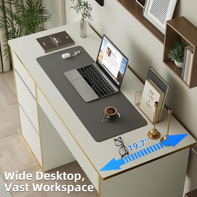 4 EVER WINNER White Desk with Drawers, 47'' Computer Desk with 4 Drawers for Small Spaces, Small Office Desk with File Drawer for Study Room, Bedroom, White and Gold Desk