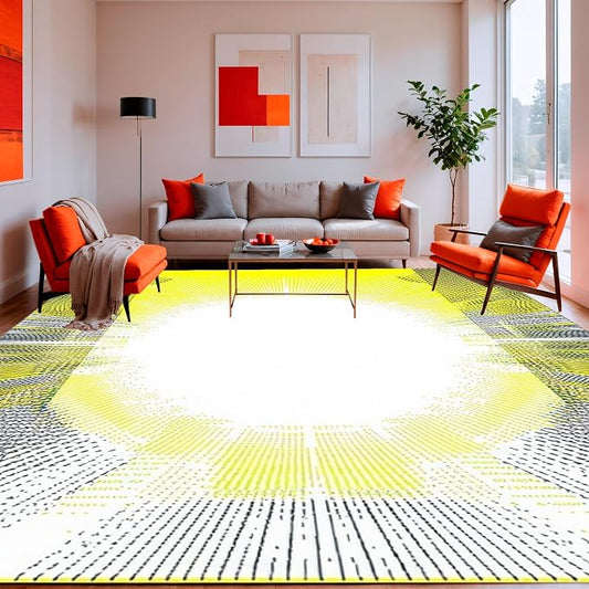 Flatwoven High Traffic Area Rug 8x10, Radiant Burst Geometric, Non Slip, Stain Resistant, Washable Area Rugs for Living Room, Bedroom (Yellow, 8x10)