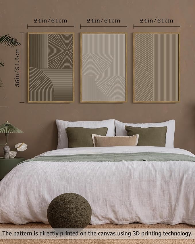 PHOPAGO 24x36in Large Minimalist Abstract Framed Wall Art Modern Boho Neutral Line Wall Decor Geometric Artwork Bedroom Living Room Natural Framed