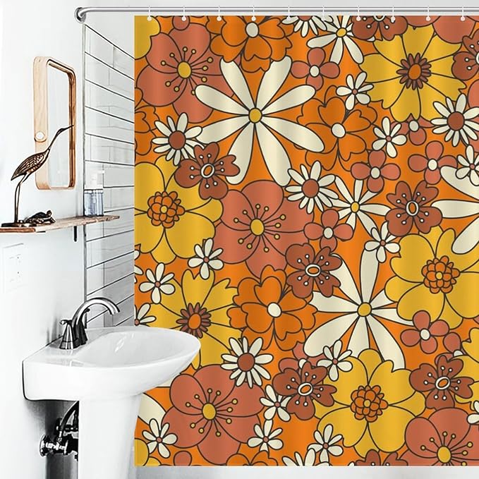 70s Shower Curtain, Vintage Retro Orange Daisy Floral Hippie Groovy Cute Flower Aesthetic Boho Funky Trippy Colorful Waterproof Fabric Bath Shower Curtain Set with Hooks, 72"x72" Inch