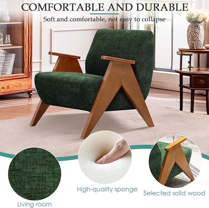 2 Pcs Home Accent Chair Mid Century Modern Accent Chair with Wood Frame, Lounge Upholstered Armchair, Reading Chair, Sturdy Base,For Living Room, Bedroom,Office,Comfy Guest Waiting Room Chairs,Green