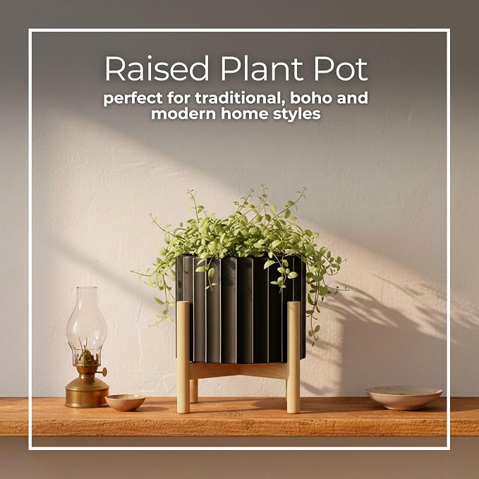 Ceramic Planter with Pine Wood Stand – Plant Pot – Durable Stoneware Planter for Indoor Outdoor Use – Modern Minimalist Plant Holder for Home Decor, Living Room, Garden, Balcony – 9", Black Fluted